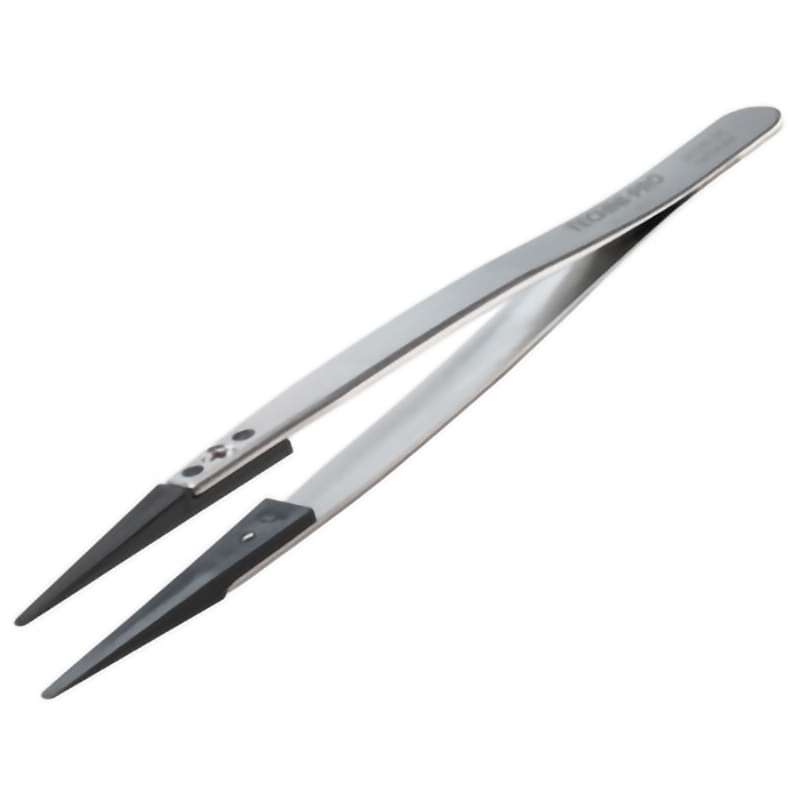 ESD Plastic Tip Tweezers, Style 2A, Carbon PEEK Tips A2ACP, Round, Flat, 5.1"